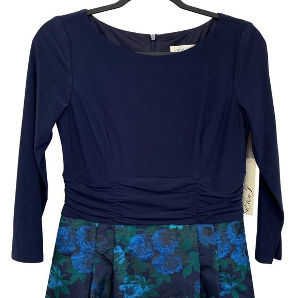 Eliza J Dress Womens Sz 4 Small Navy Blue Green Floral Fall Wedding Event Modest - Picture 3 of 10